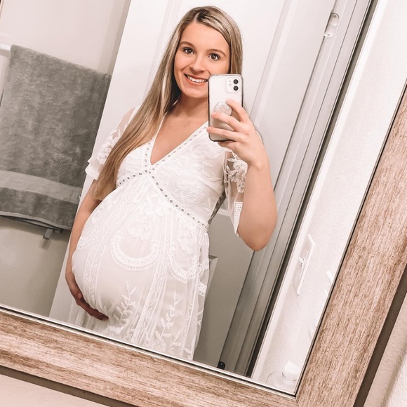 PinkBlush White Lace Mesh Overlay Maternity Dress - Picture 3 of 12